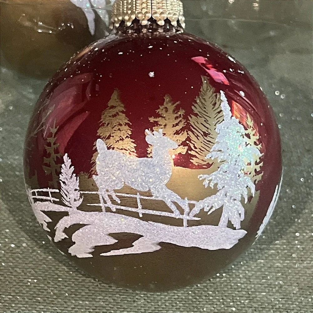 Krebs Glass Deer Winter Christmas Ornaments Round Red Gold Balls Boxed Set of 4